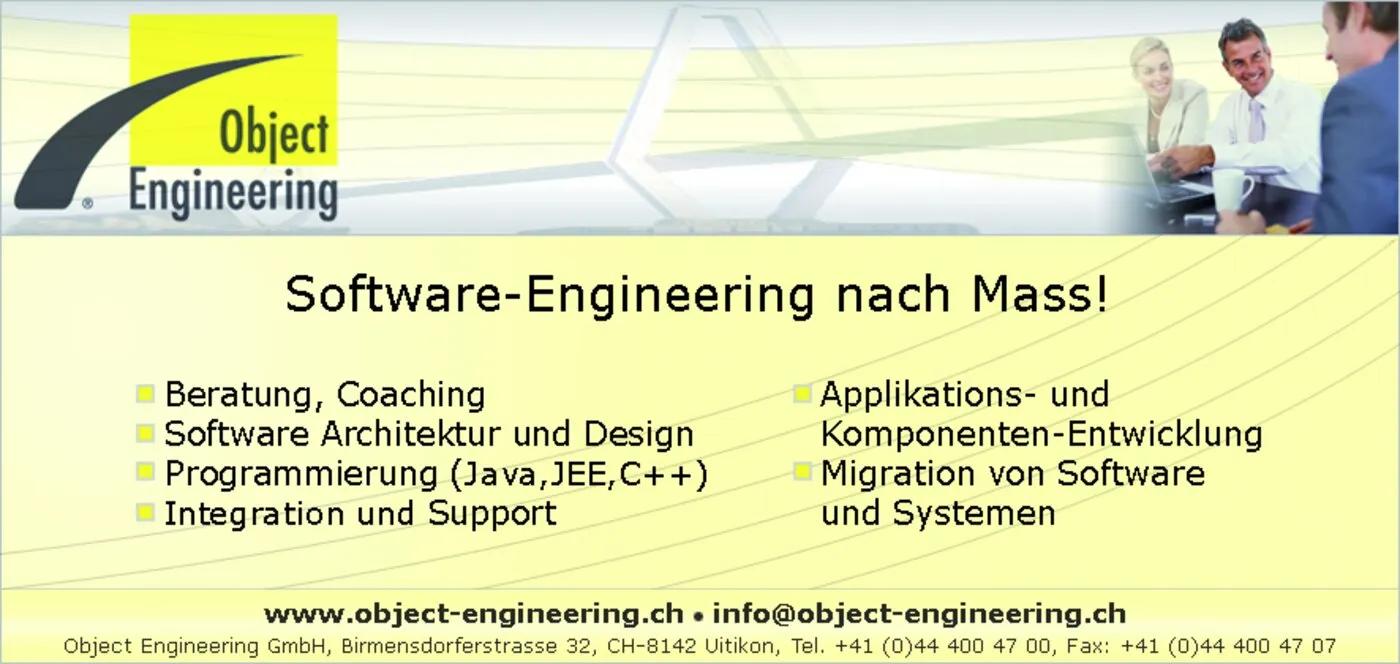 Inserat von Object Engineering aus dem Jahr 2007: Software-Engineering nach Mass, mit Integration und Support sowie Migration von Software und Systemen