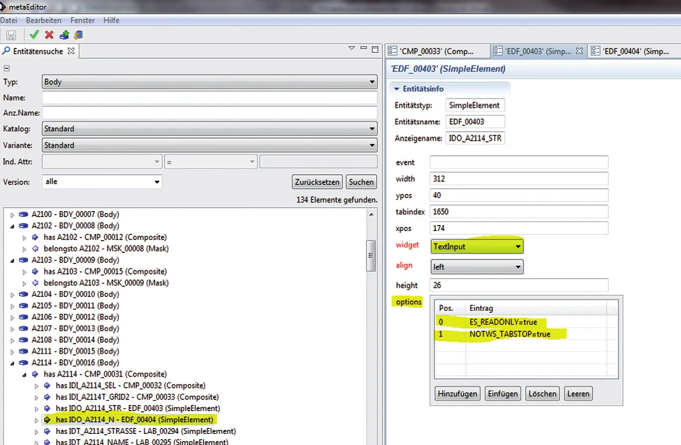 Screenshot des Metadaten-Editors mit Entitätensuche und Entitätsinfo
